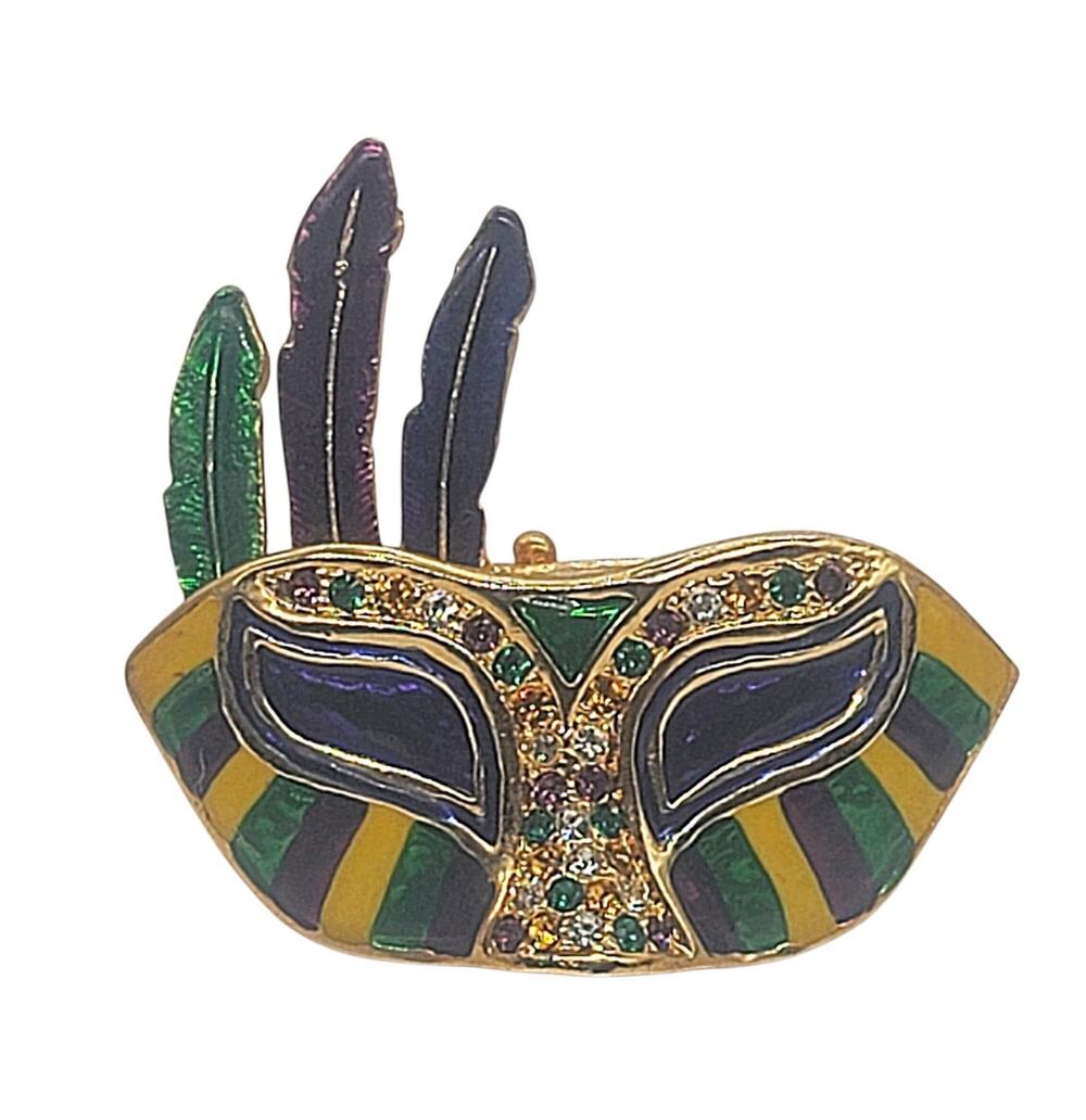Mardi Gras Mask Small Trinket Box Metal Enamel Rhinestones Magnetic Closure 2.5"